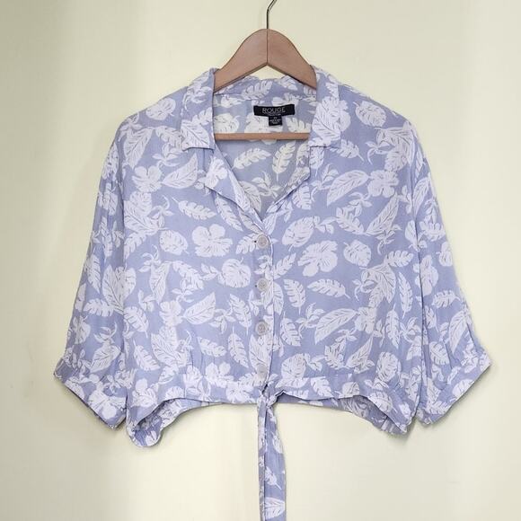 Rouge Collection Tops - Rouge Collection Button Up Crop Blouse Size 2X Blue Palm Print Tie Waist Boho